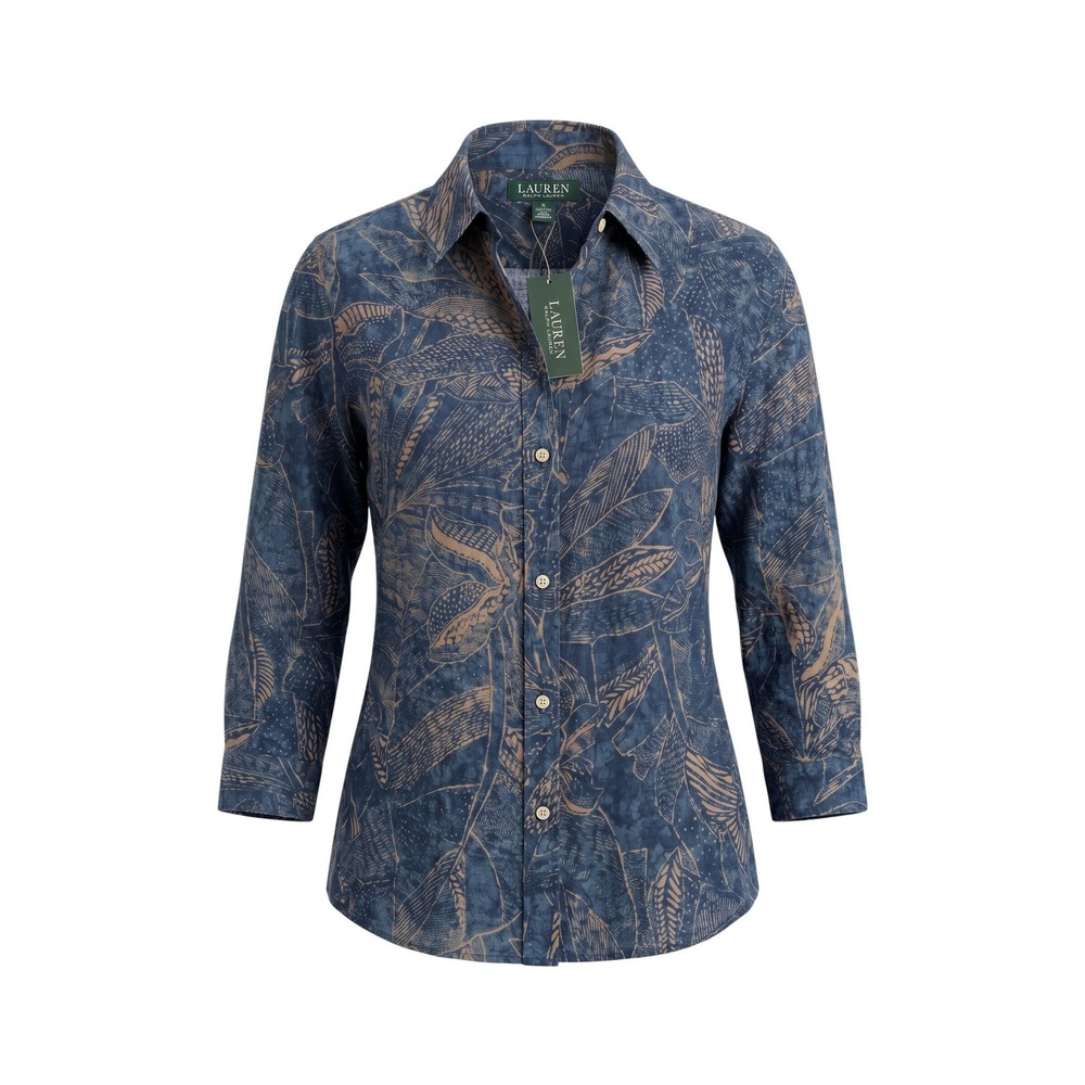 NWT Lauren Ralph Lauren Button Down Indigo Multi Batik Floral Print Shirt - XL - Picture 1 of 9